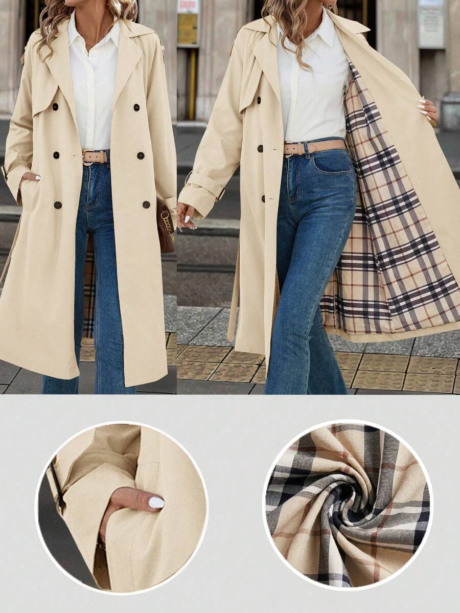 Fleur Long Double Breasted Trench Coat with Raglan Sleeves - Cream
