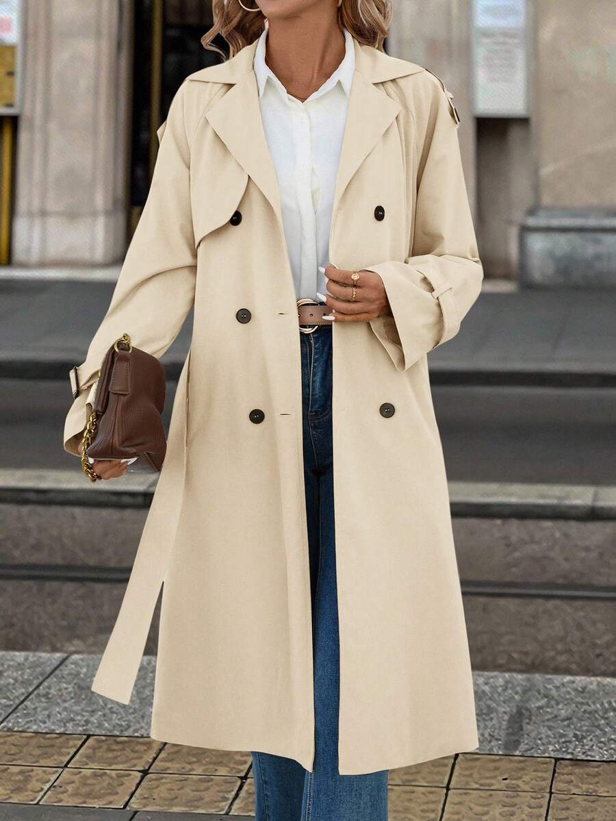 Fleur Long Double Breasted Trench Coat with Raglan Sleeves - Cream