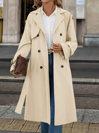 Fleur Long Double Breasted Trench Coat with Raglan Sleeves - Cream