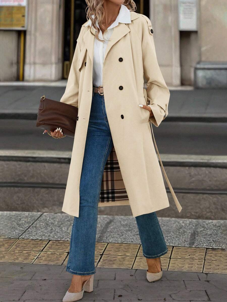 Fleur Long Double Breasted Trench Coat with Raglan Sleeves - Cream