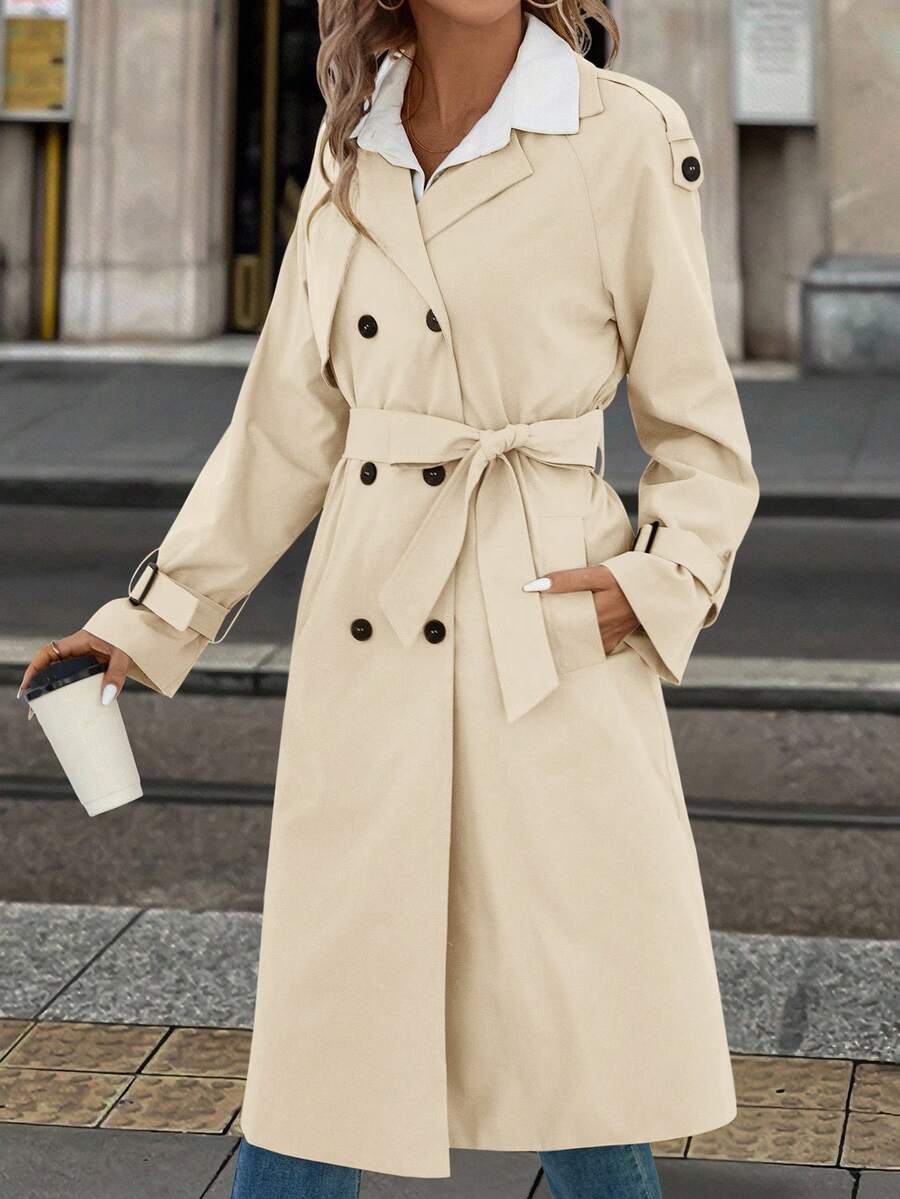 Fleur Long Double Breasted Trench Coat with Raglan Sleeves - Cream