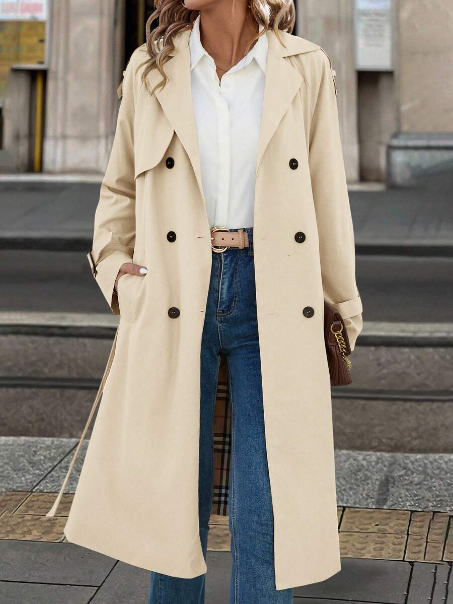 Fleur Long Double Breasted Trench Coat with Raglan Sleeves - Cream