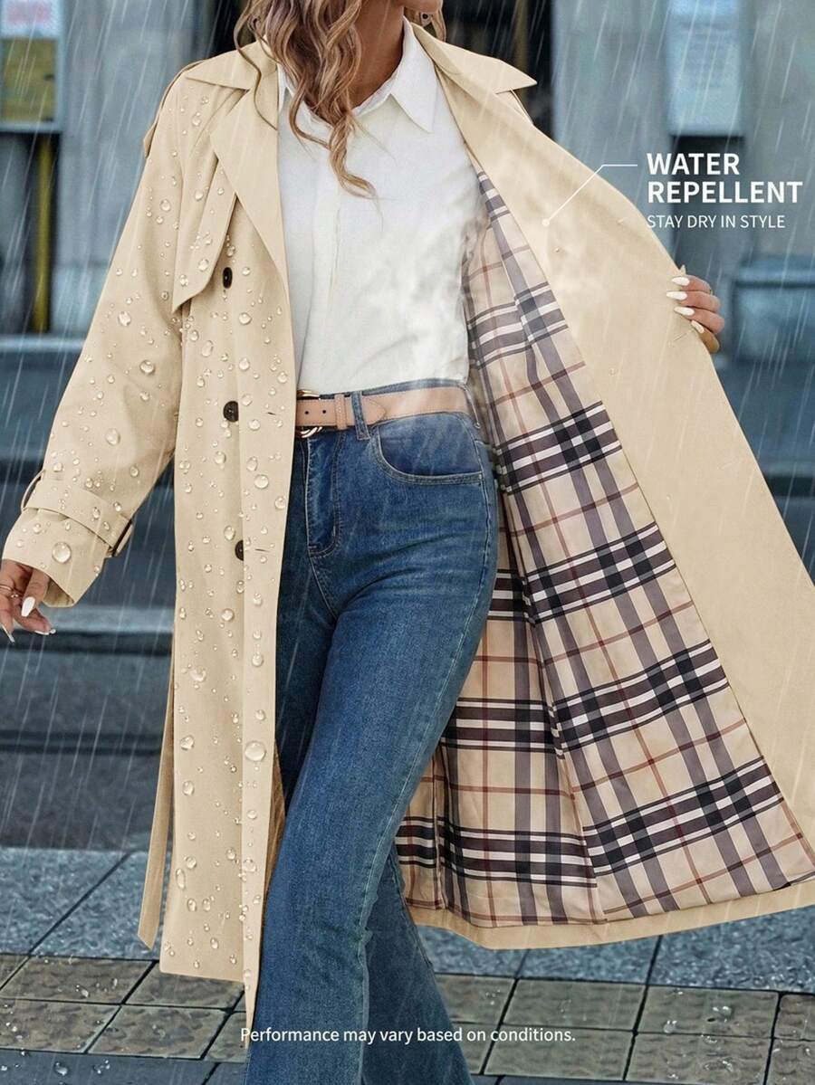 Fleur Long Double Breasted Trench Coat with Raglan Sleeves - Cream