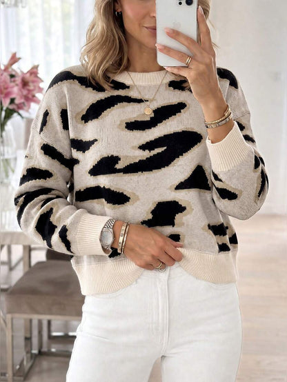 Audrey Striped Drop Shoulder Pullover Sweater - Apricot
