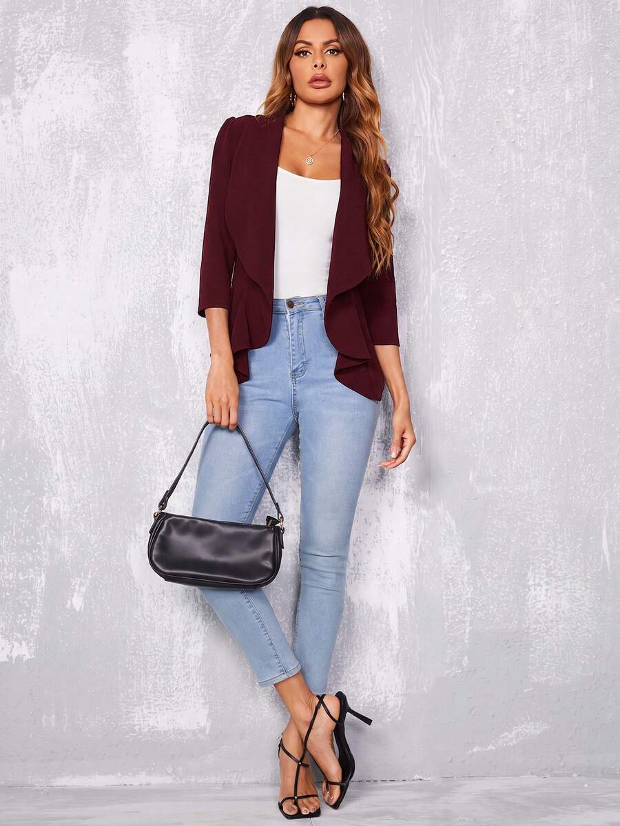 Octavia Waterfall Collar Open Front Asymmetric Hem Knit Blazer - Burgundy