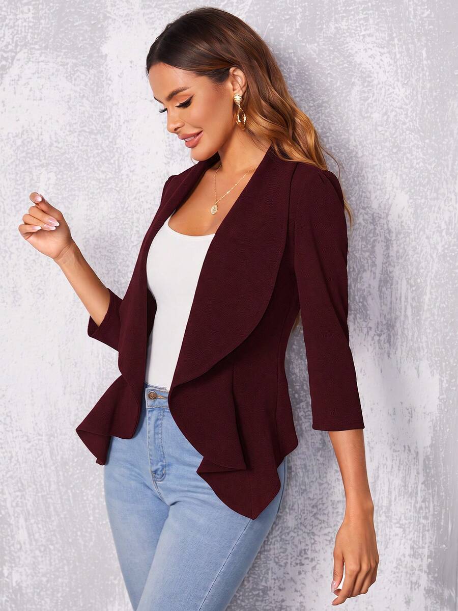 Octavia Waterfall Collar Open Front Asymmetric Hem Knit Blazer - Burgundy