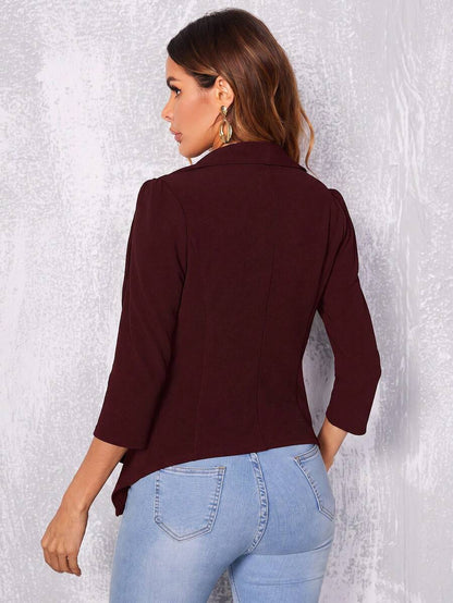 Octavia Waterfall Collar Open Front Asymmetric Hem Knit Blazer - Burgundy
