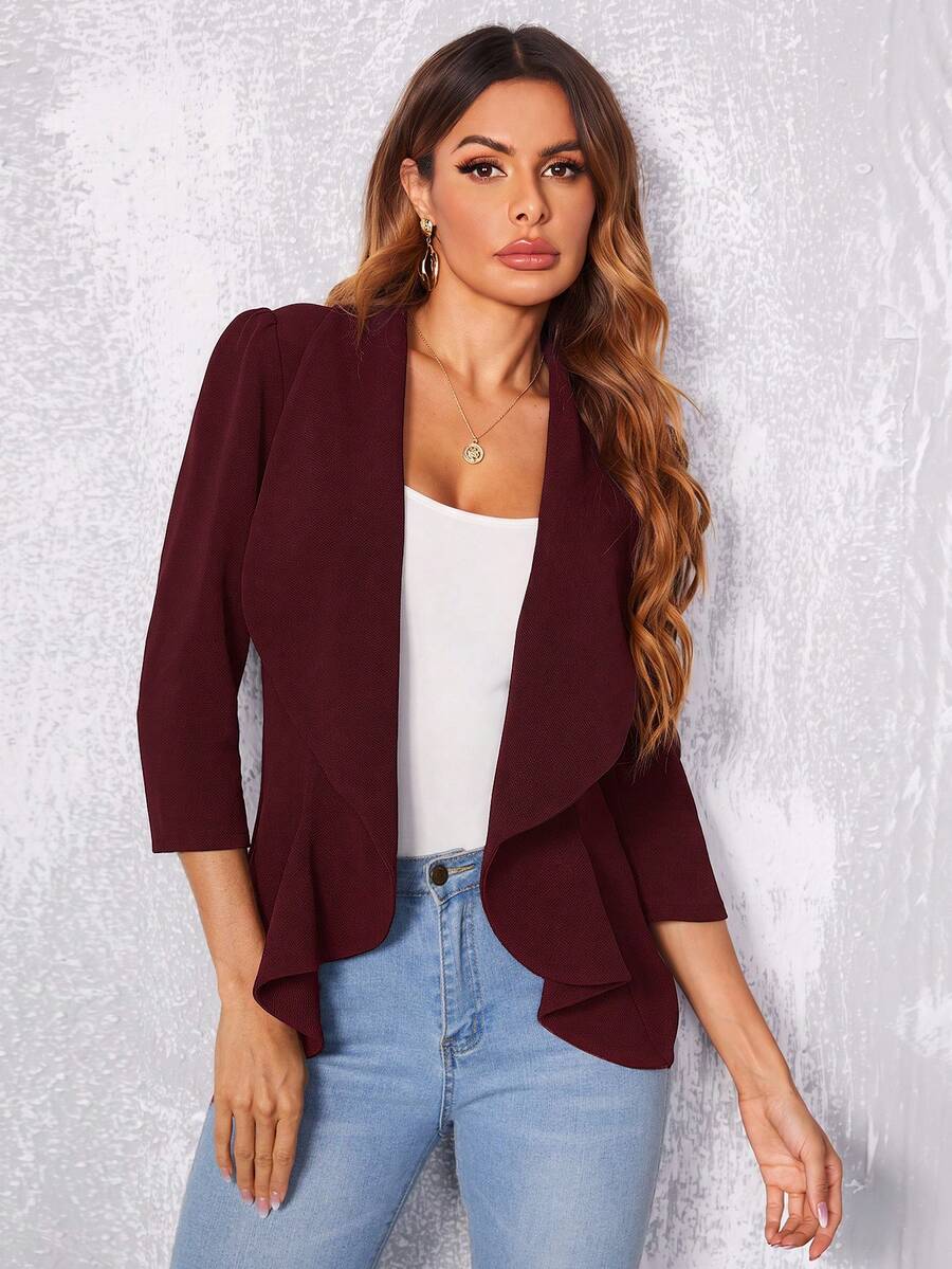 Octavia Waterfall Collar Open Front Asymmetric Hem Knit Blazer - Burgundy