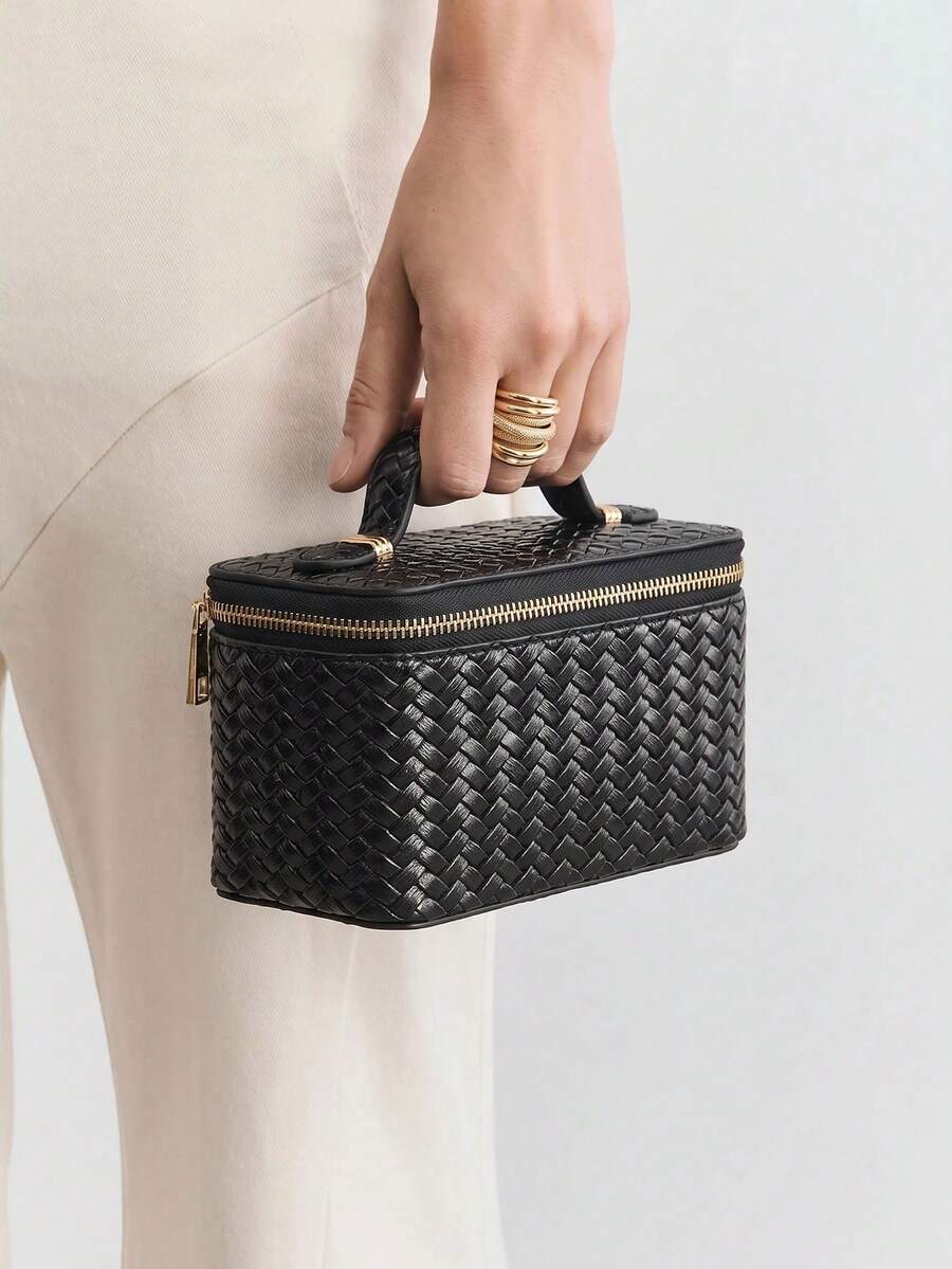 Menton Structured Vanity Top Handle Box Bag - Black Woven