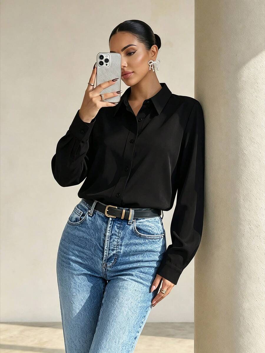 Pia Button Front Long Sleeve Blouse Classic Collared Shirt - Black