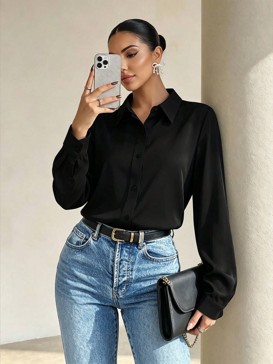 Pia Button Front Long Sleeve Blouse Classic Collared Shirt - Black