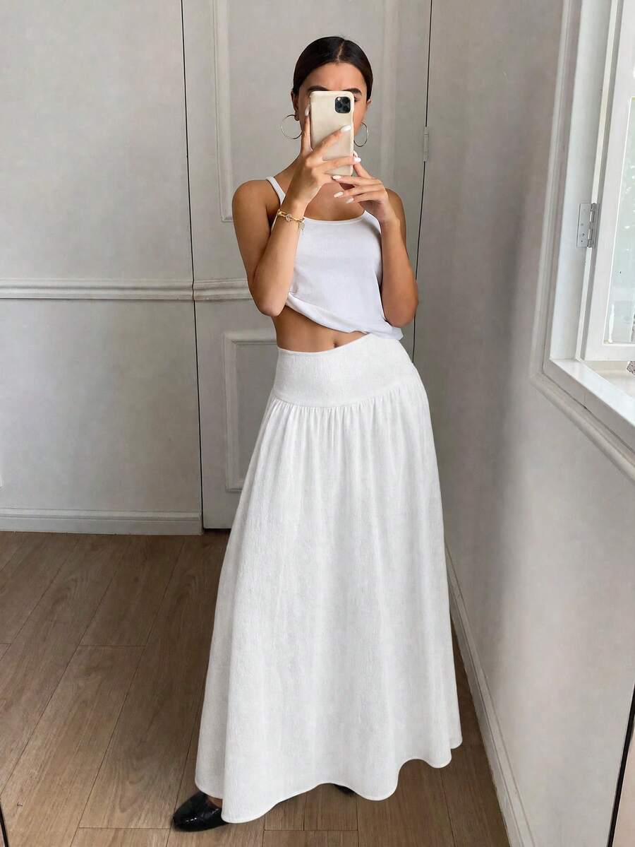 Cressida High Waist Wide Waistband Pleated Maxi Skirt - White