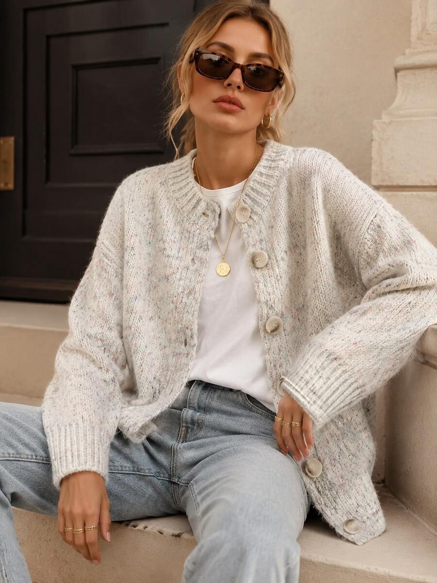 Kinsale Speckled Knit Crew Neck Button Front Cardigan