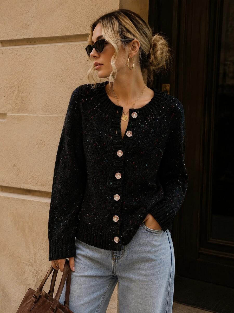 Kinsale Speckled Knit Crew Neck Button Front Cardigan - Black