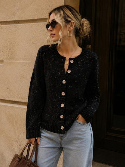 Kinsale Speckled Knit Crew Neck Button Front Cardigan - Black