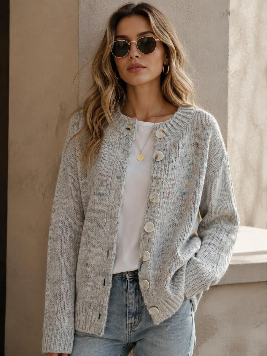 Kinsale Speckled Knit Crew Neck Button Front Cardigan - Grey
