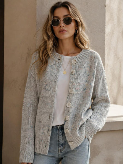 Kinsale Speckled Knit Crew Neck Button Front Cardigan - Grey