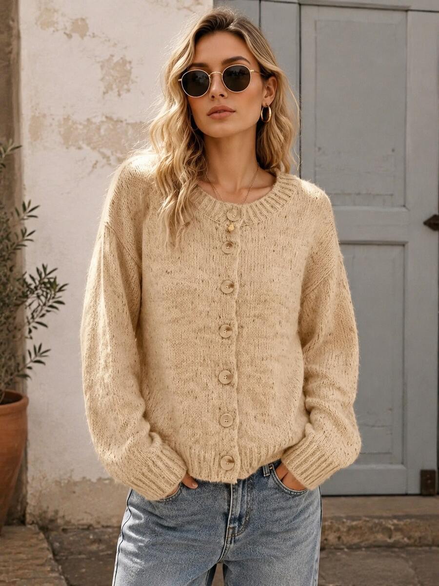 Kinsale Speckled Knit Crew Neck Button Front Cardigan - Champagne