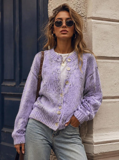 Kinsale Speckled Knit Crew Neck Button Front Cardigan - Lavender