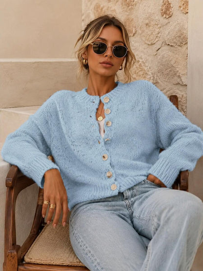 Kinsale Speckled Knit Crew Neck Button Front Cardigan