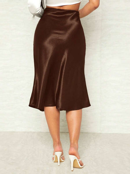 Women's Satin Midi Skirt, Side Zip Silky A-Line Skirt for Evening and Wedding Guest - Brown