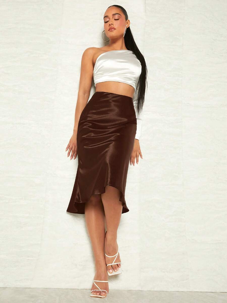 Women's Satin Midi Skirt, Side Zip Silky A-Line Skirt for Evening and Wedding Guest - Hot Pink