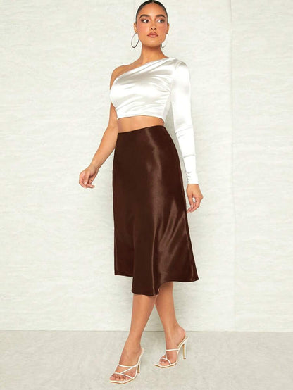 Women's Satin Midi Skirt, Side Zip Silky A-Line Skirt for Evening and Wedding Guest - Purple