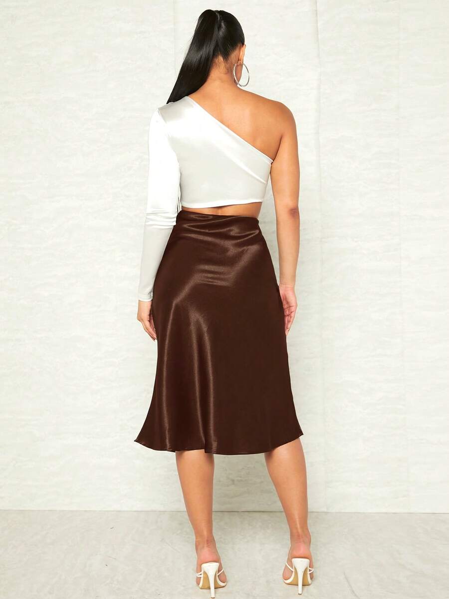 Women's Satin Midi Skirt, Side Zip Silky A-Line Skirt for Evening and Wedding Guest - Dusty Pink