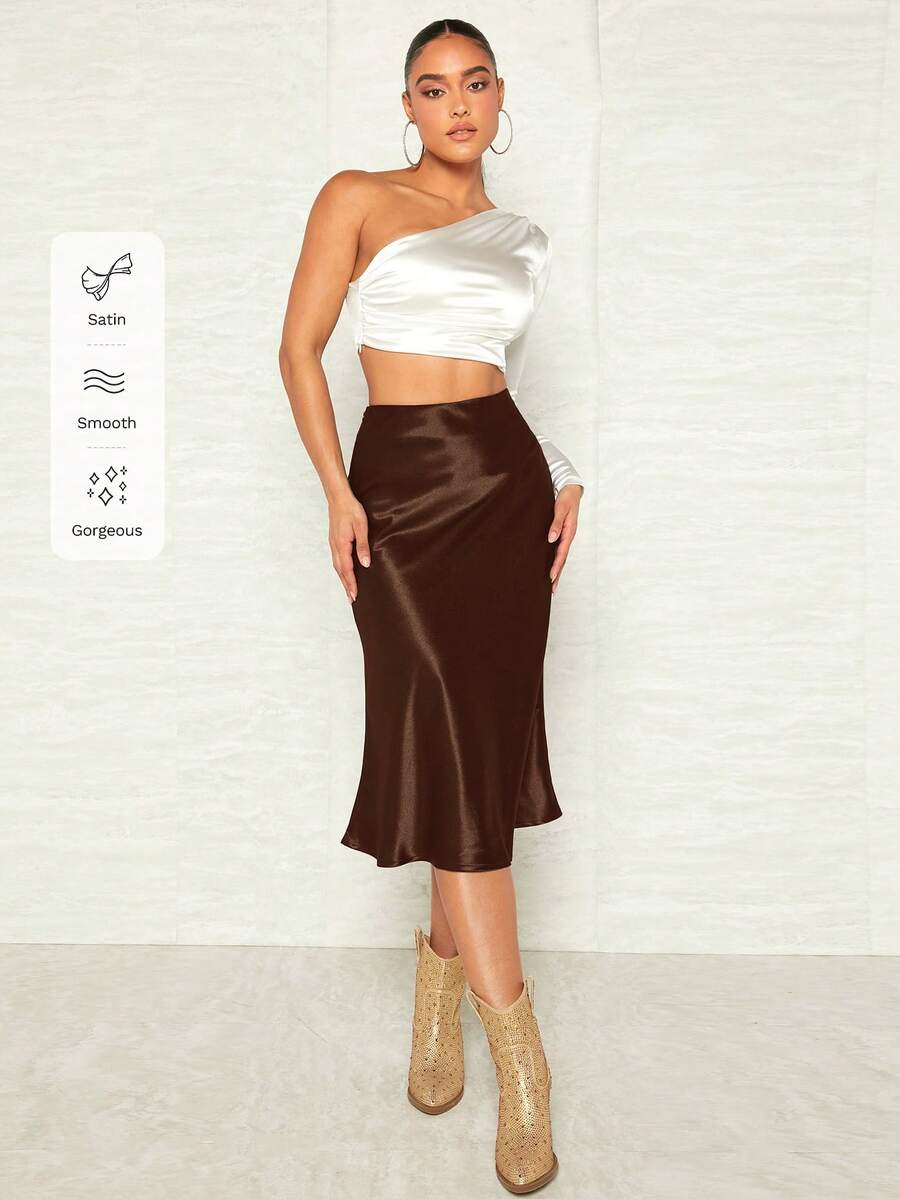 Women's Satin Midi Skirt, Side Zip Silky A-Line Skirt for Evening and Wedding Guest - Black