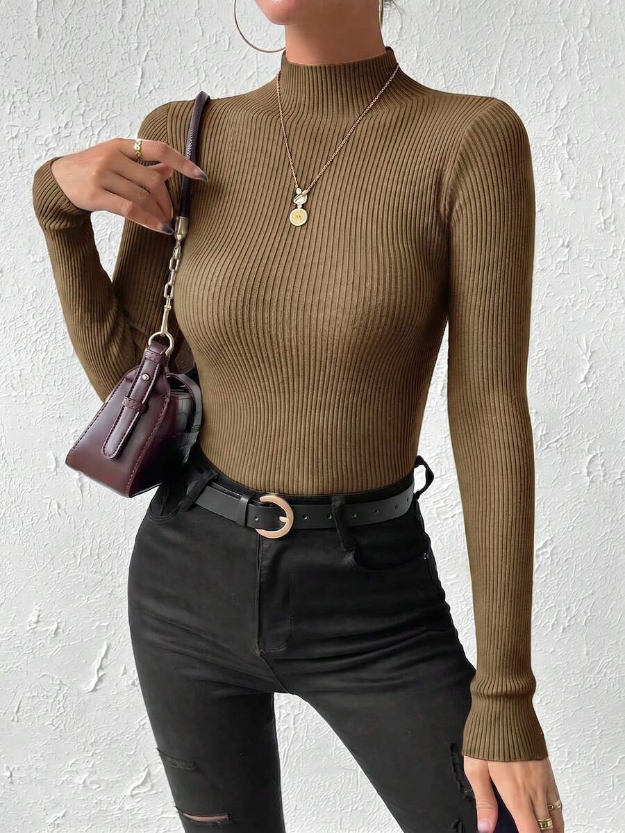 Verity Slim Ribbed Mock Neck Sweater Long Sleeve Pullover - Tobacco