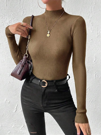 Verity Slim Ribbed Mock Neck Sweater Long Sleeve Pullover - Tobacco