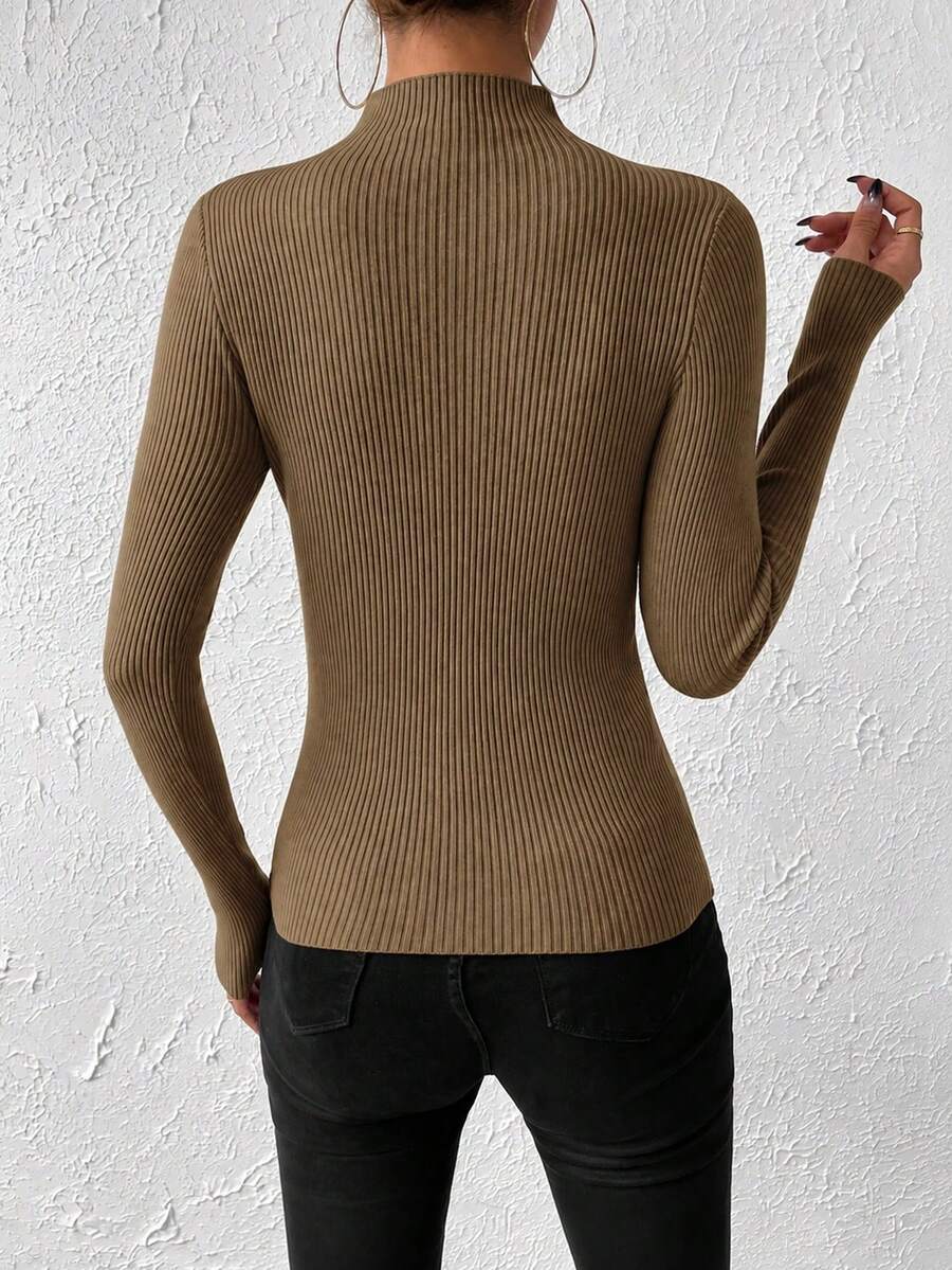 Verity Slim Ribbed Mock Neck Sweater Long Sleeve Pullover - Tobacco