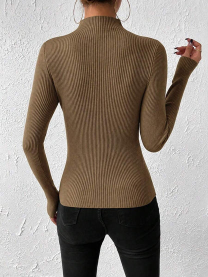 Verity Slim Ribbed Mock Neck Sweater Long Sleeve Pullover - Tobacco