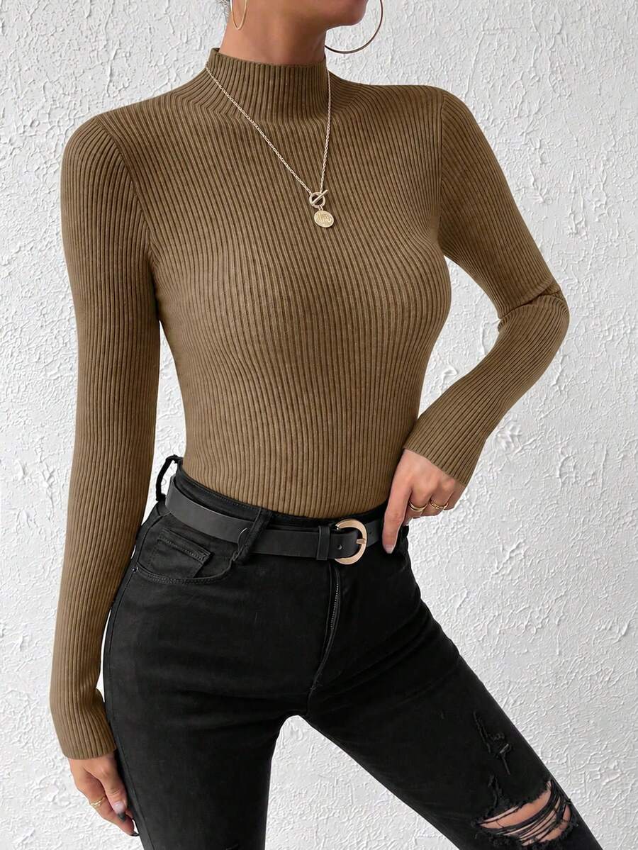 Verity Slim Ribbed Mock Neck Sweater Long Sleeve Pullover - Tobacco