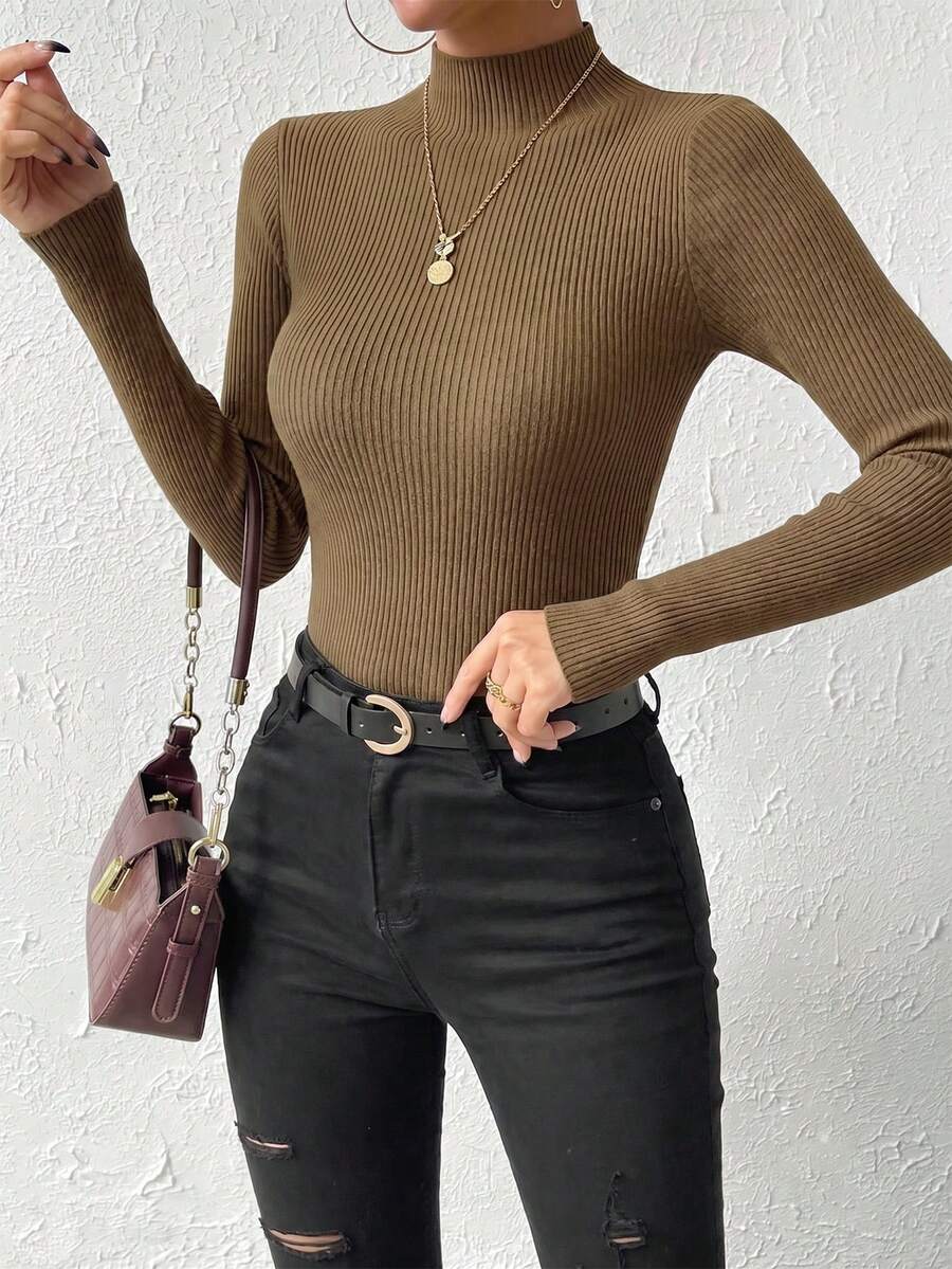 Verity Slim Ribbed Mock Neck Sweater Long Sleeve Pullover - Tobacco
