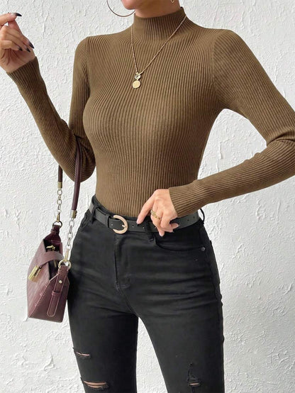 Verity Slim Ribbed Mock Neck Sweater Long Sleeve Pullover - Tobacco