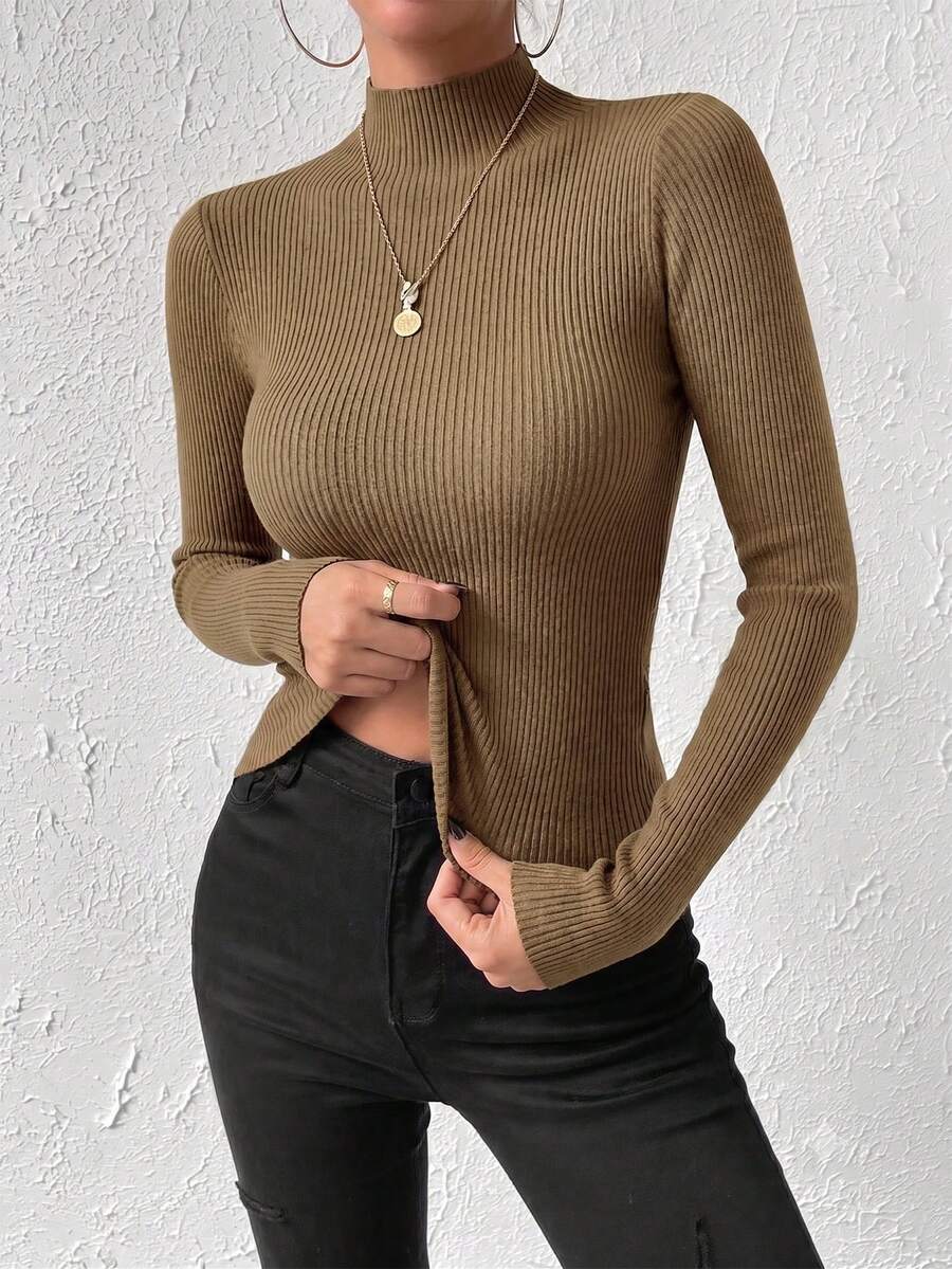 Verity Slim Ribbed Mock Neck Sweater Long Sleeve Pullover - Tobacco