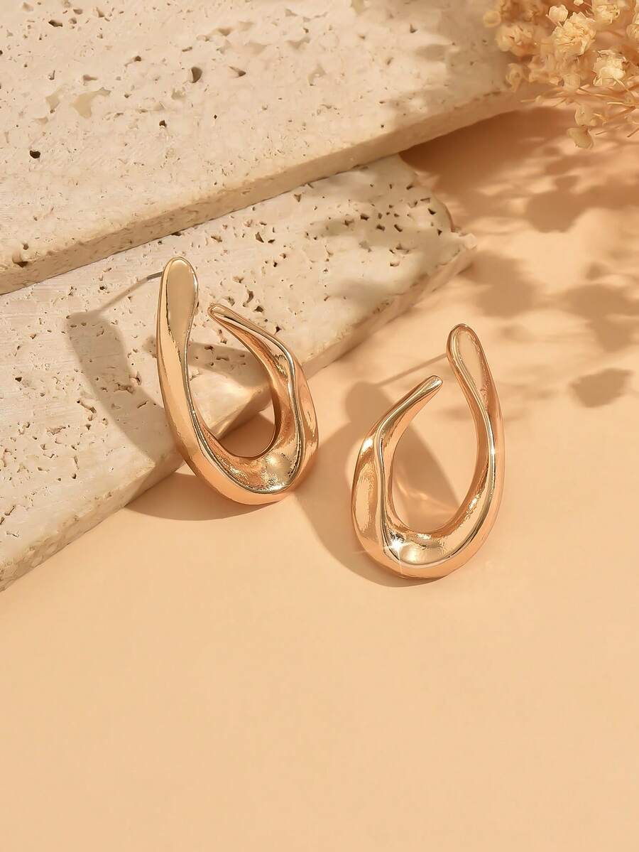 Women's Asymmetrical Gold Drop Earrings, Wavy Metal Hook Statement Earrings, Minimalist Everyday Jewelry