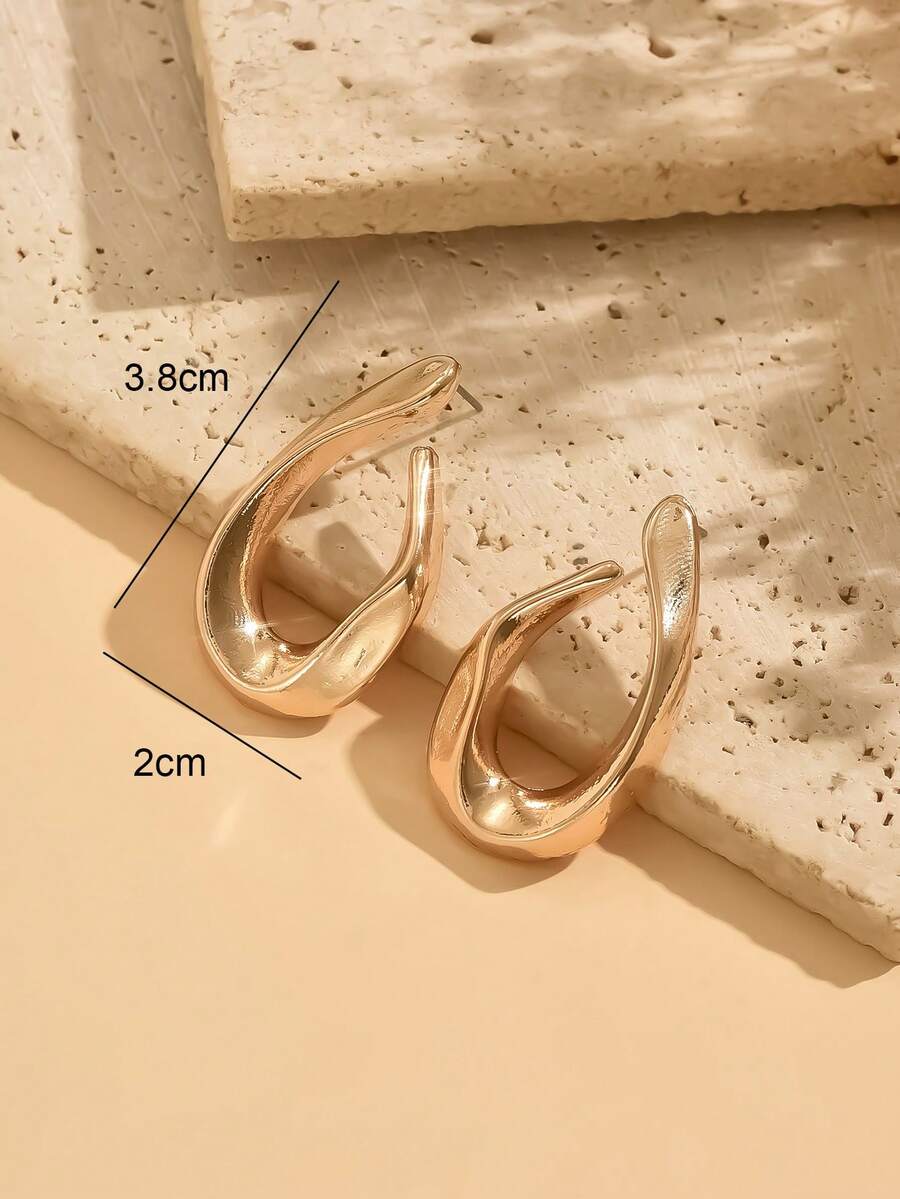 Women's Asymmetrical Gold Drop Earrings, Wavy Metal Hook Statement Earrings, Minimalist Everyday Jewelry