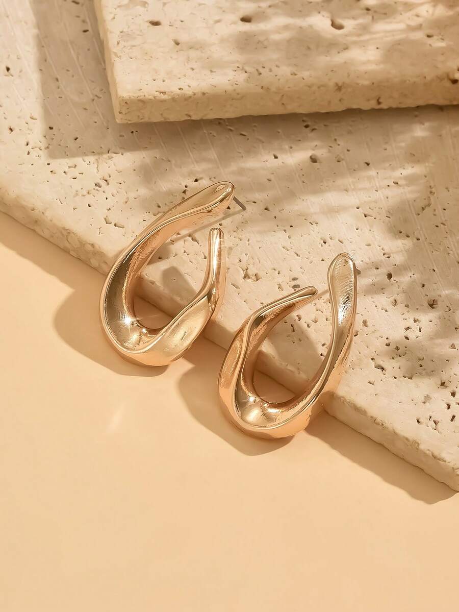 Women's Asymmetrical Gold Drop Earrings, Wavy Metal Hook Statement Earrings, Minimalist Everyday Jewelry