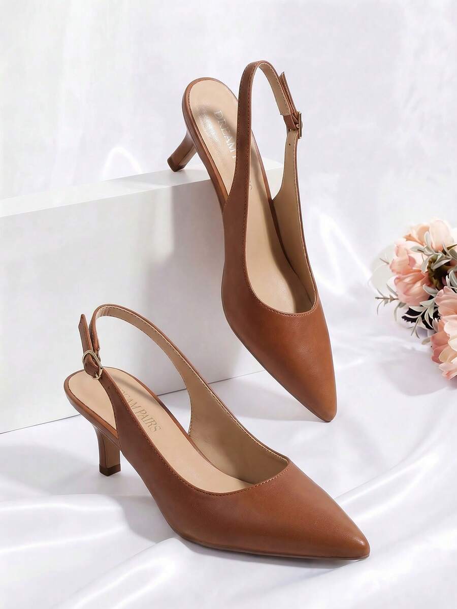Women's Pointed Toe Slingback Kitten Heel Pumps, 2.36 Inch Buckle Strap Dress Shoes for Work and Wedding Guest