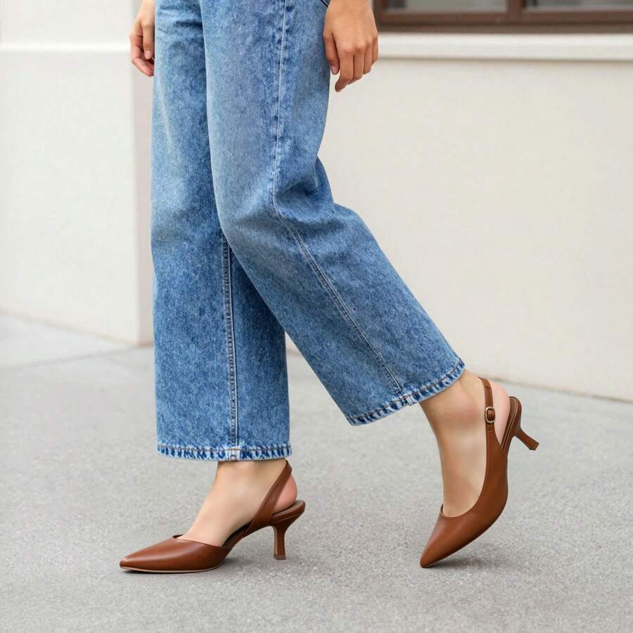 Women's Pointed Toe Slingback Kitten Heel Pumps, 2.36 Inch Buckle Strap Dress Shoes for Work and Wedding Guest