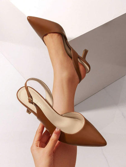 Women's Pointed Toe Slingback Kitten Heel Pumps, 2.36 Inch Buckle Strap Dress Shoes for Work and Wedding Guest - Brown