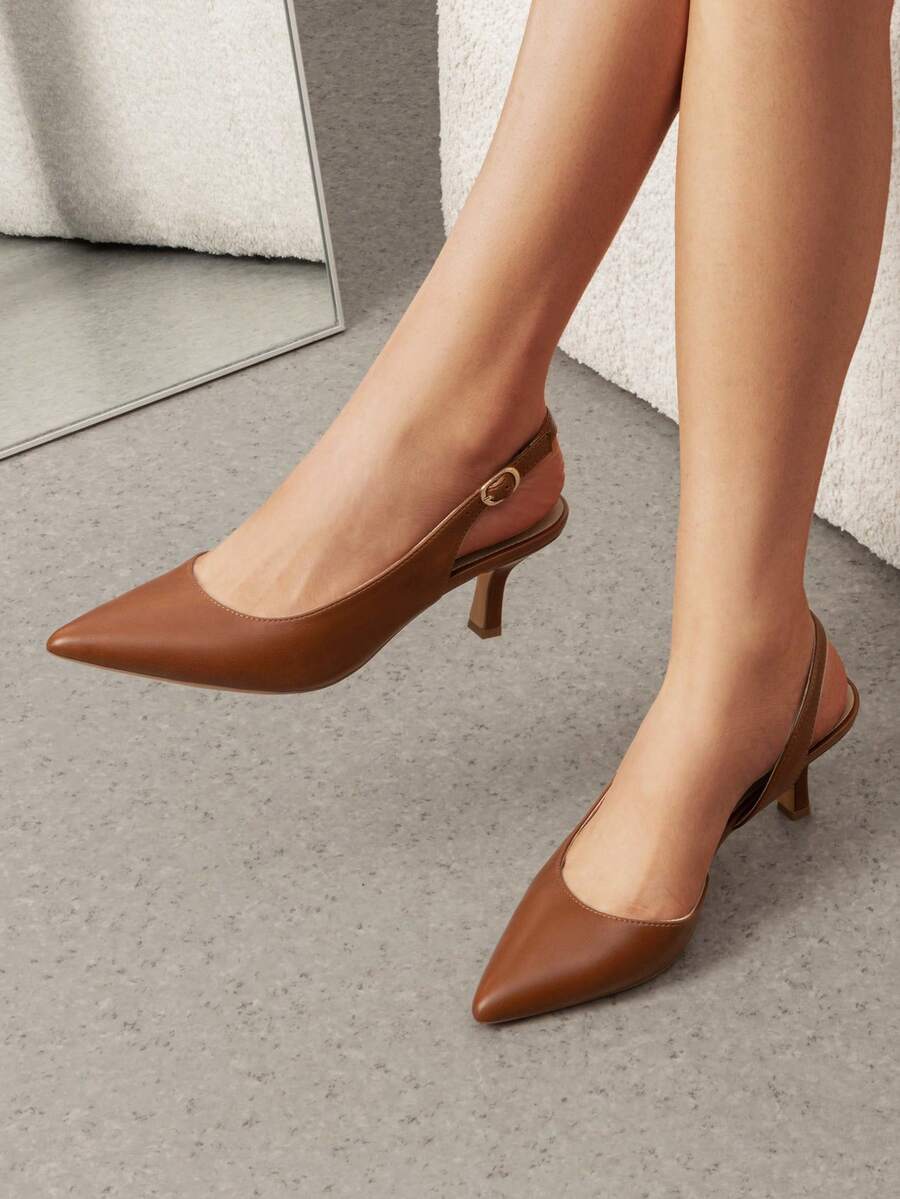 Women's Pointed Toe Slingback Kitten Heel Pumps, 2.36 Inch Buckle Strap Dress Shoes for Work and Wedding Guest