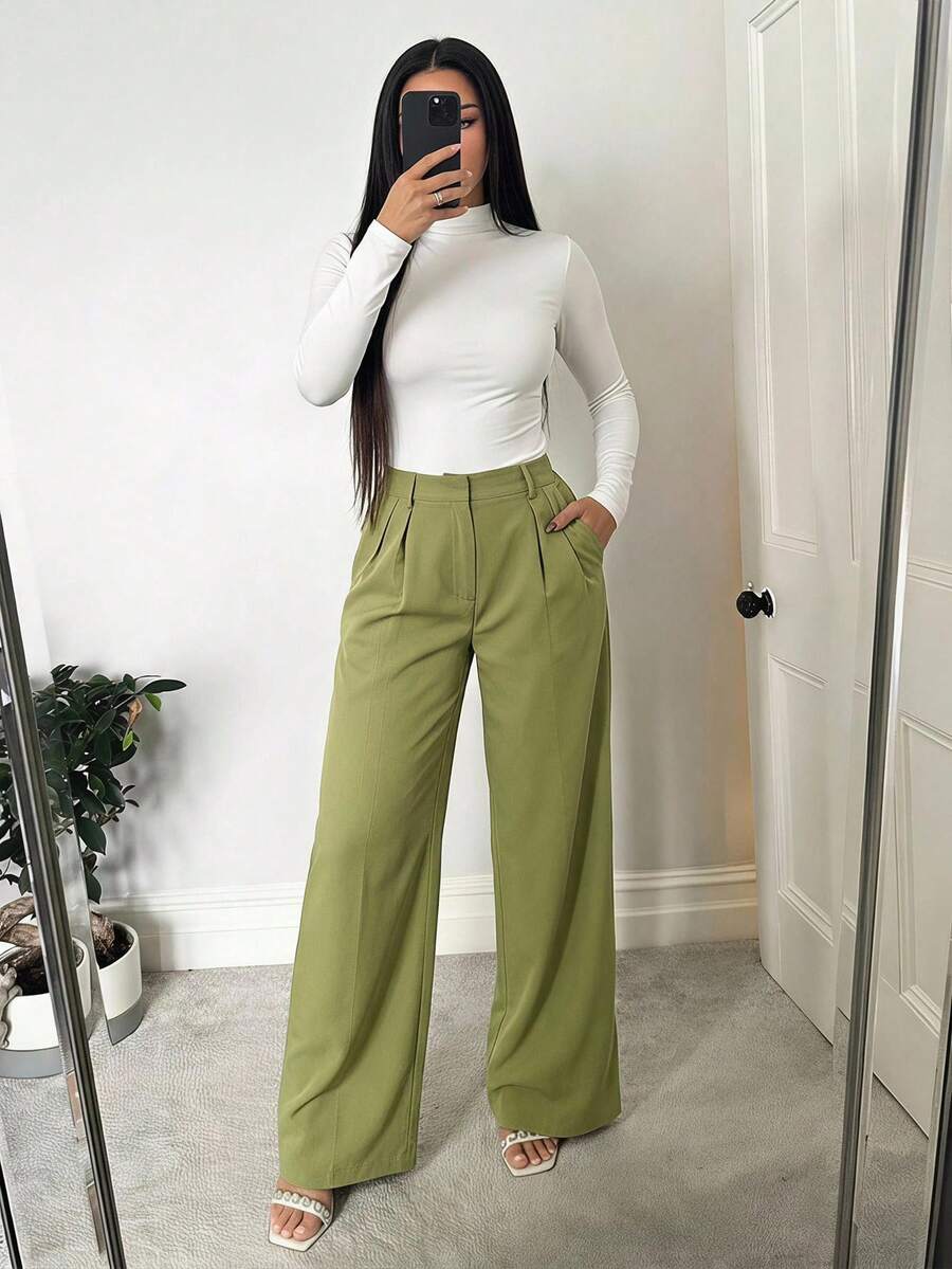 Theodora High Waist Pleated Oversized Wide Leg Suit Trousers - Sage Green