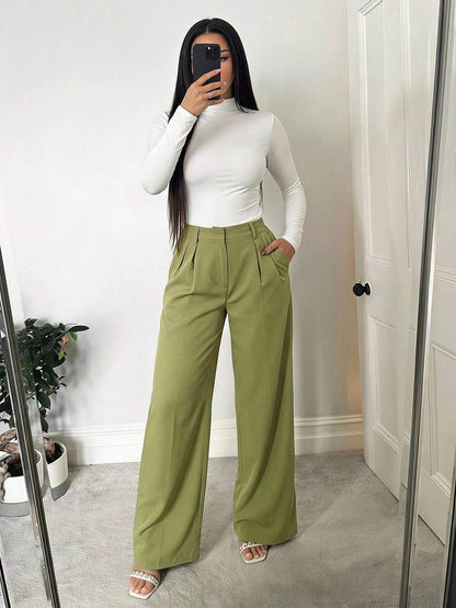 Theodora High Waist Pleated Oversized Wide Leg Suit Trousers - Sage Green