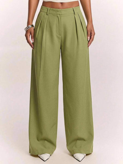 Theodora High Waist Pleated Oversized Wide Leg Suit Trousers - Sage Green