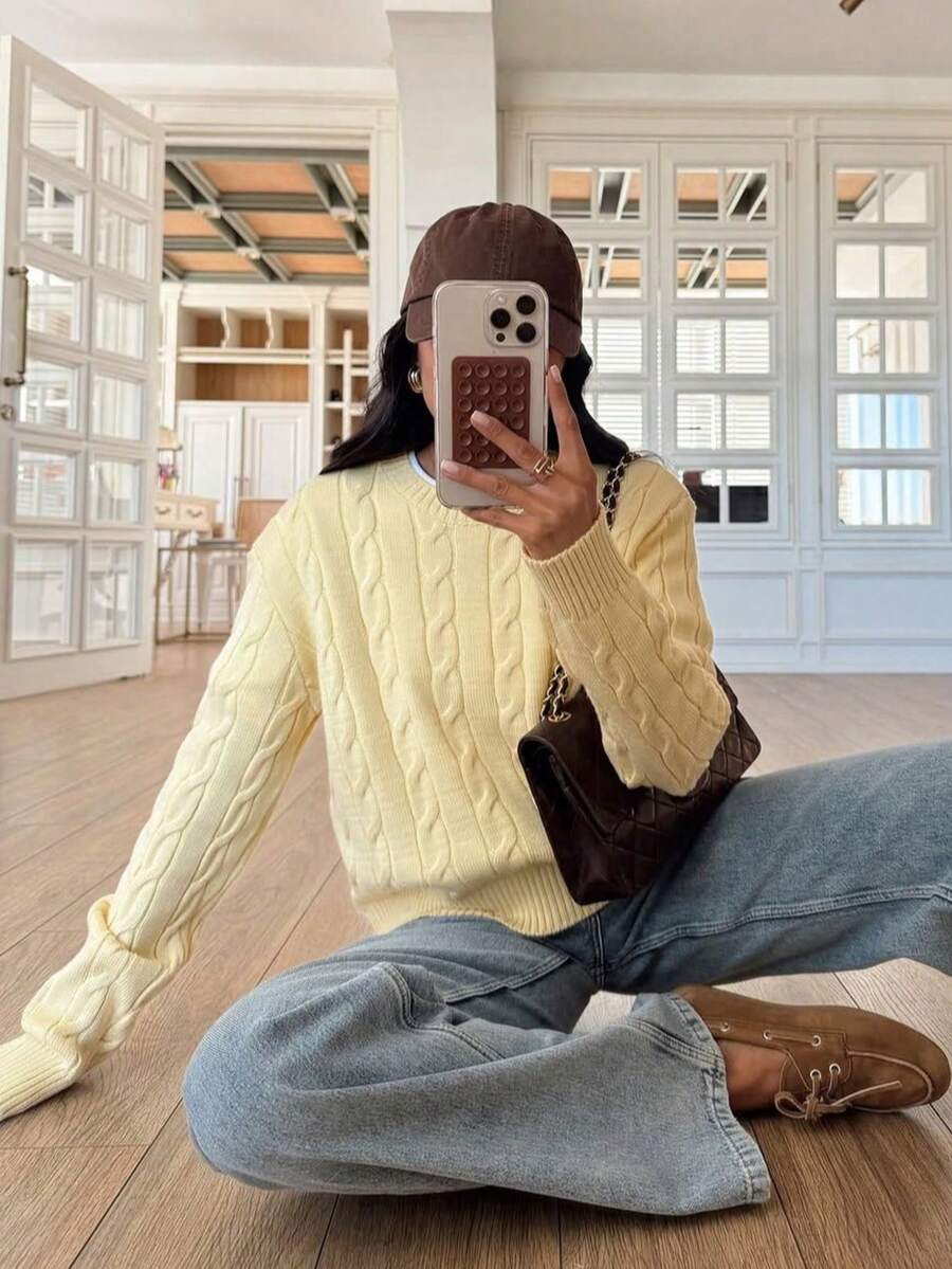 Marlowe Chunky Cable Knit Sweater Loose Crew Neck Pullover - Butter Yellow