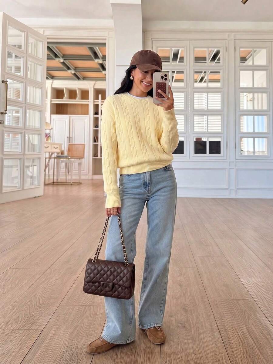 Marlowe Chunky Cable Knit Sweater Loose Crew Neck Pullover - Butter Yellow