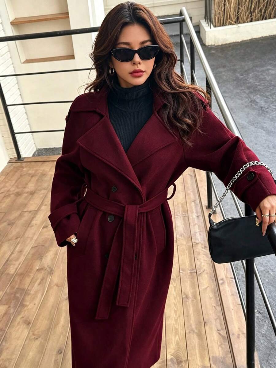 Laurel Double Breasted Belted Long Coat with Peak Lapels - Burgundy